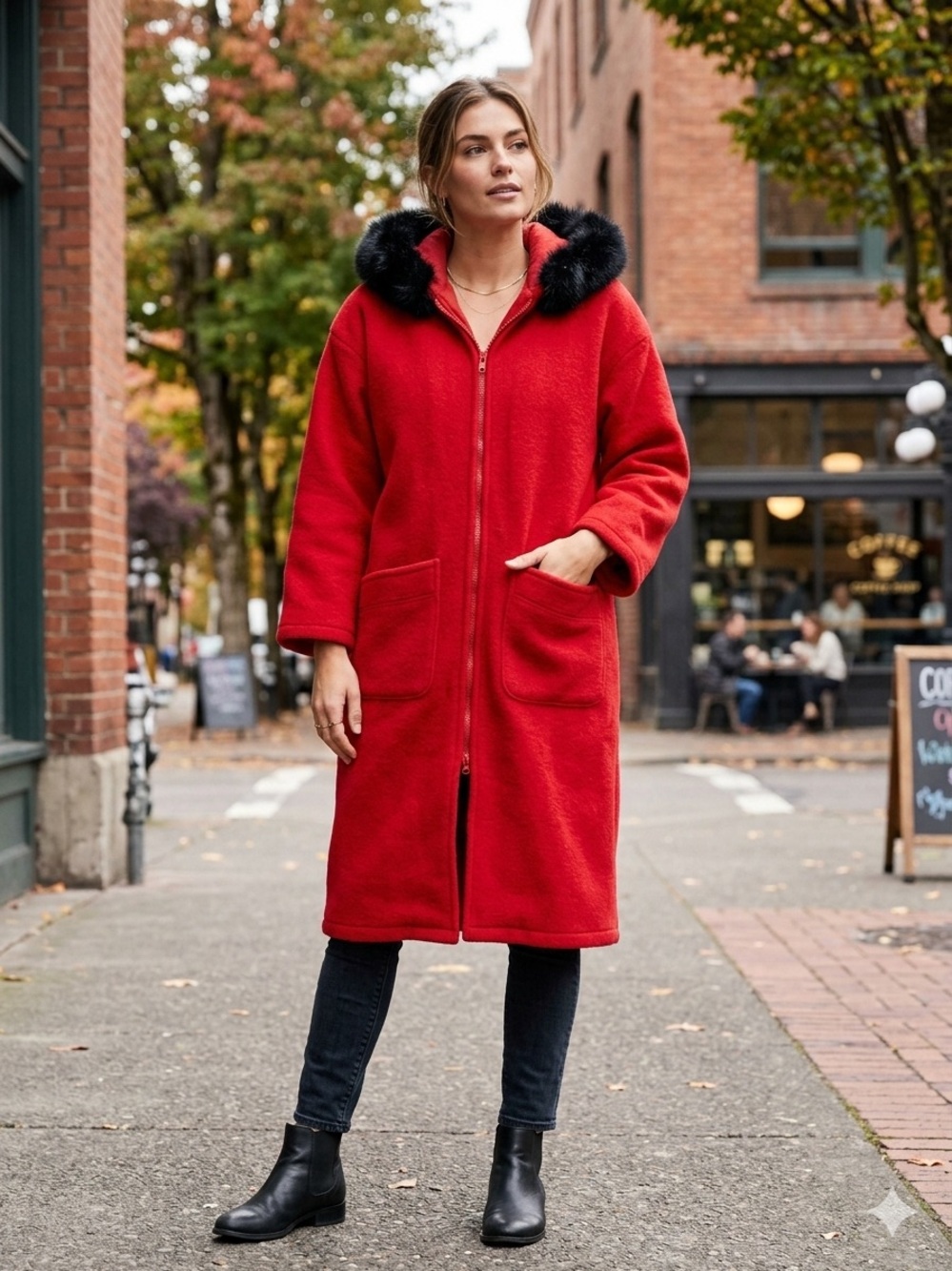 Vintage ❤️🔥Women's Red Trench Coat with Black Faux-Fur Hood Trim